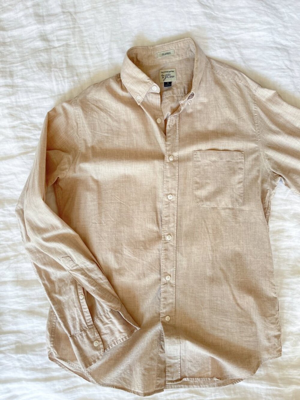 J Crew Secret Wash Classic Shirt in Heather Cotton Tan Flax S